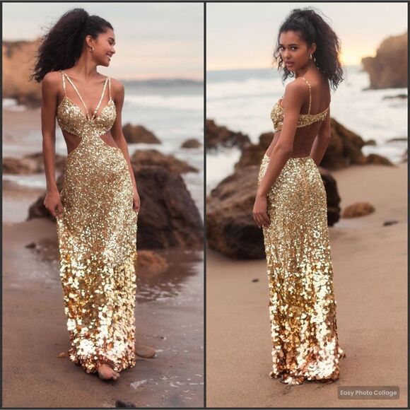 MAC DUGGAL 6077 Gold Thin Strap Cut Out Gown With Ombre Sequins - Picture 1 of 16